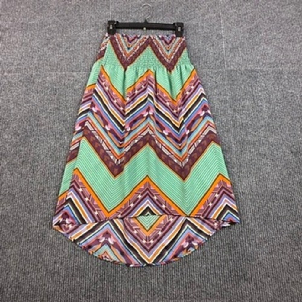 One Clothing Womens Small Boho Chevron High Low Skirt Multi Color‎ Smocked Waist